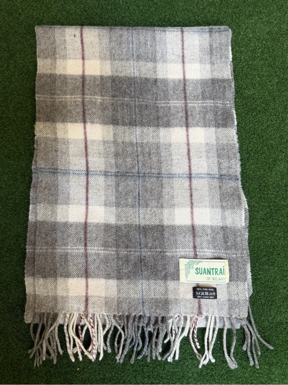 Gray Plaid Wool Scarf with Fringe